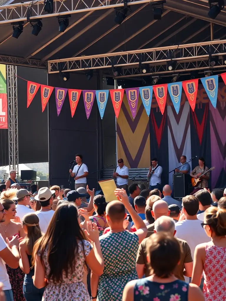 A captivating shot of a local band performing at an ASSOCIATION FESTI'MUSIC-sponsored music festival, with a lively crowd dancing and enjoying the music, highlighting the organization's role in promoting local talent and cultural dynamism.