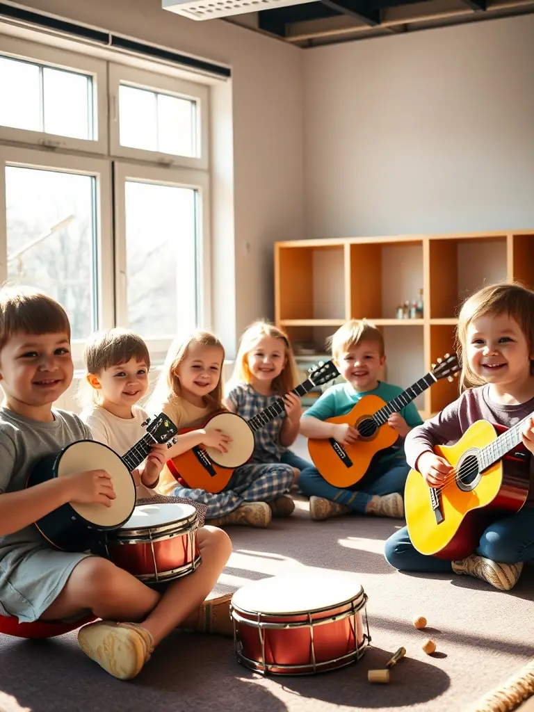 A photo of children participating in a music workshop organized by Festi'Music, showing them learning to play instruments and engaging in creative activities.