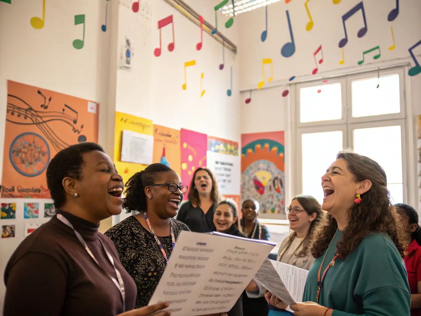 A vibrant image depicting a diverse group of people participating in a musical workshop, with instruments and smiling faces visible, set in a community center.