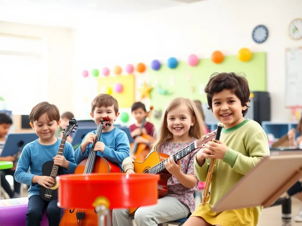 A photograph capturing a children's music workshop, where kids are playing various instruments and learning about music in a fun, interactive environment.