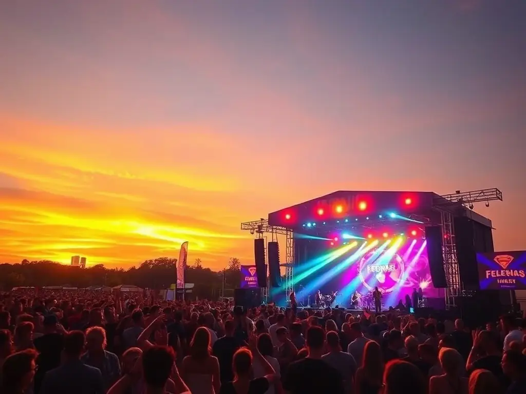 A photograph capturing a lively outdoor music festival scene, with a band performing on stage and a diverse crowd enjoying the music and atmosphere.
