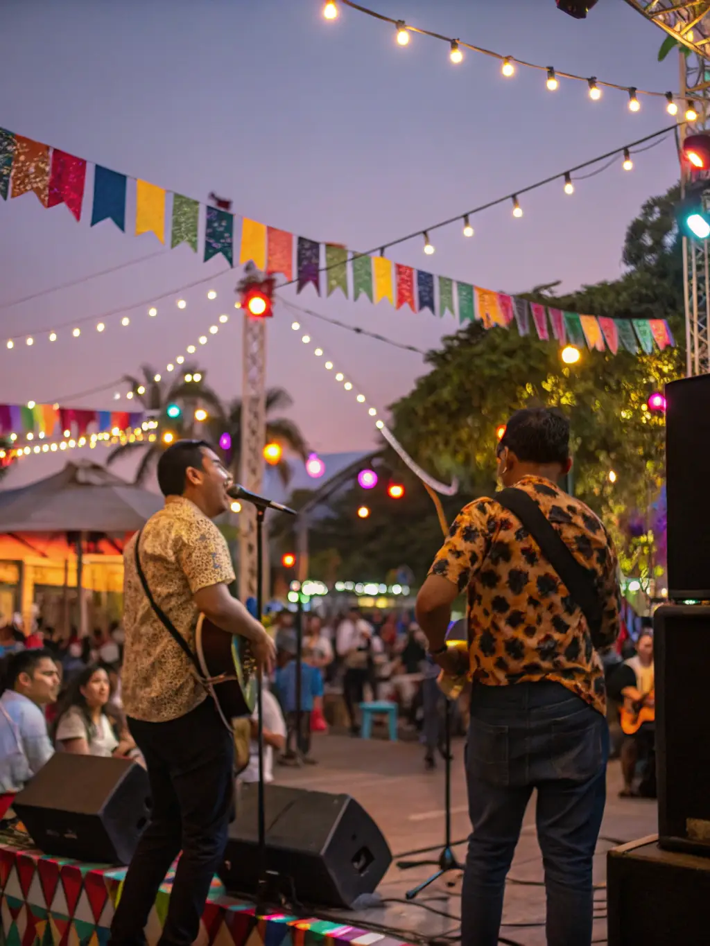 A vibrant photograph capturing a live musical performance at a Festi'Music event, showcasing a diverse group of musicians and attendees enjoying the show.
