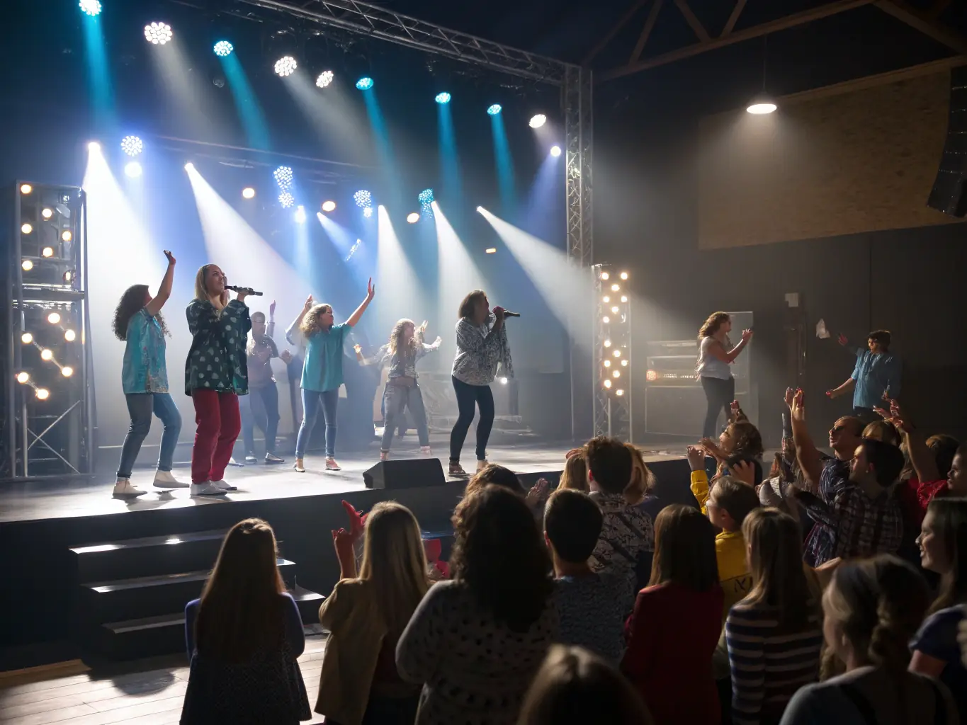 A dynamic image of a community choir performing on stage during a local festival, showcasing the joy and unity of making music together.