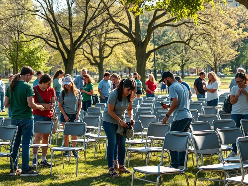 An image showing volunteers setting up for a community concert, with instruments, sound equipment, and promotional banners visible, highlighting the collaborative effort.