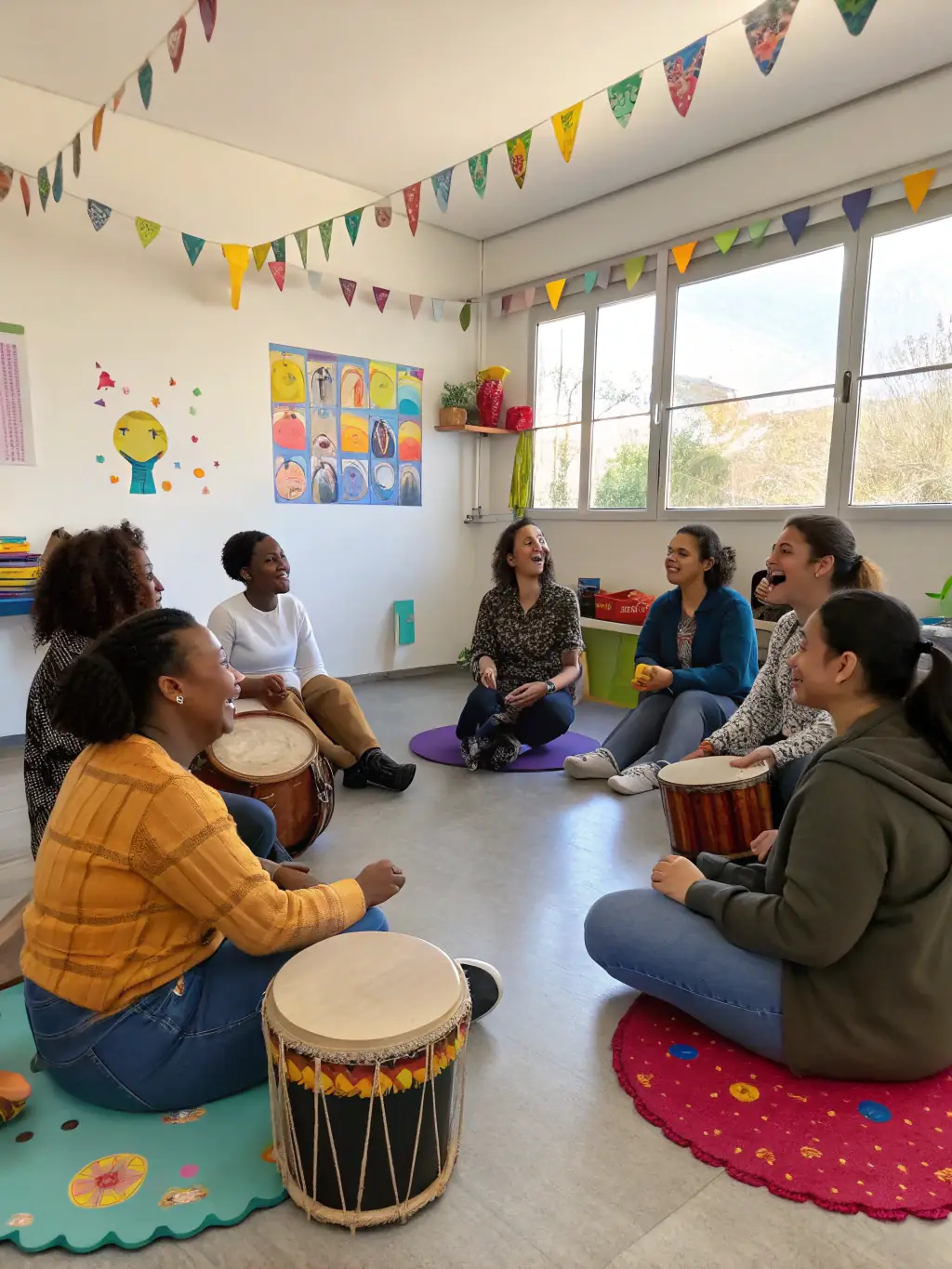 A heartwarming picture of elderly residents participating in a music therapy session organized by ASSOCIATION FESTI'MUSIC, showing them smiling and engaging with the music, demonstrating the organization's dedication to improving the well-being of vulnerable populations.