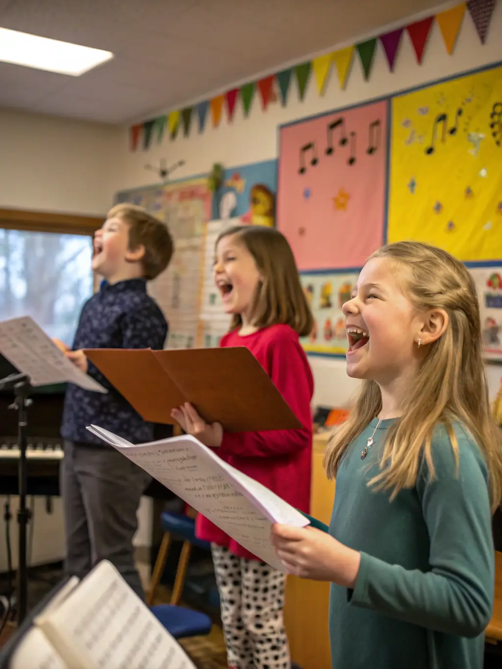 A dynamic image of a community choir rehearsing for an upcoming ASSOCIATION FESTI'MUSIC concert, featuring singers of all ages and backgrounds harmonizing together, reflecting the organization's commitment to inclusivity and community engagement.