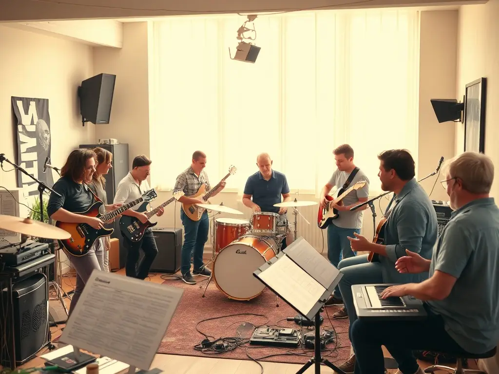 A photograph of a diverse group of musicians collaborating during a songwriting workshop, highlighting the creative process and cultural exchange.